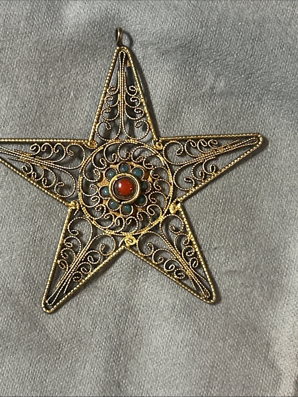 Gold Filigree Star Pendant with Red Center